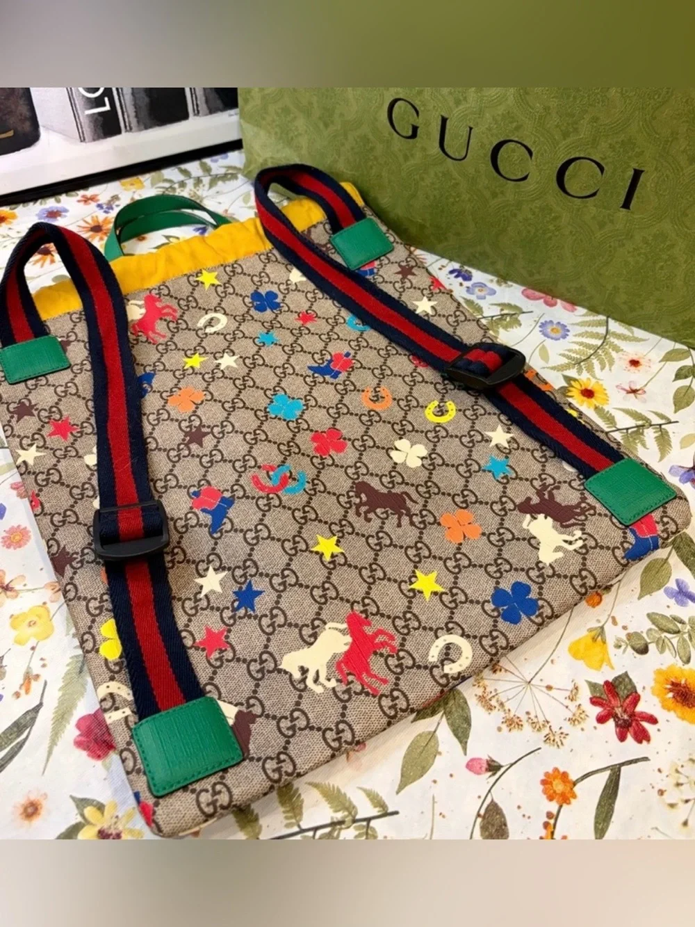 EUC! GUCCI Kids Beige GG Canvas Backpack with Yellow Trim & Multicolor Icons🐴⭐️